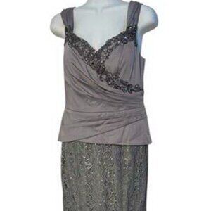 Decode 1.8 Silver Satin Beaded Ruched Top Lace Sequin Bottom Gown